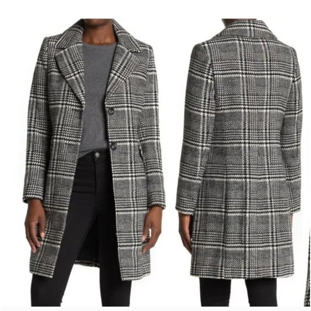 Sam Edelman Two Button Houndstooth Plaid Wool Long Blazer Coat Size S
